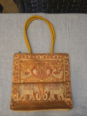 Handmade Banarasi Silk Brocade Elephant & Peacock Ethnic Tote Handbag